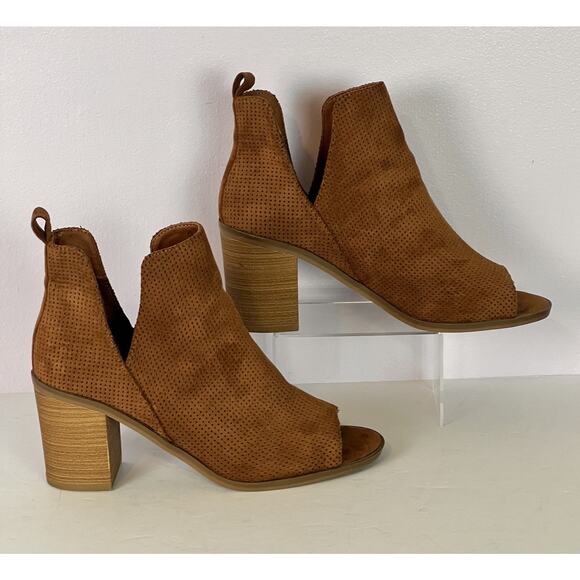 Universal Thread Charlee Ankle Booties Sz 8.5 Cognac Faux Suede Cut Out Open Toe - Picture 3 of 8